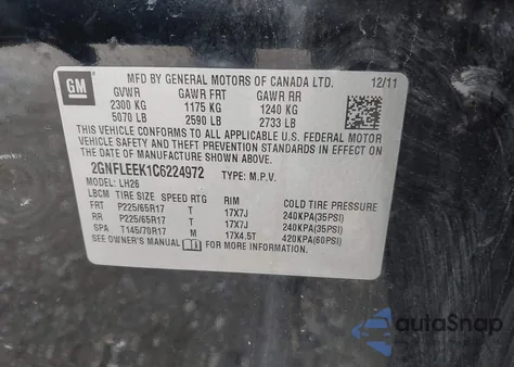 2012 Chevrolet Equinox 1Lt from USA, damaged, VIN 2GNFLEEK1C6224972